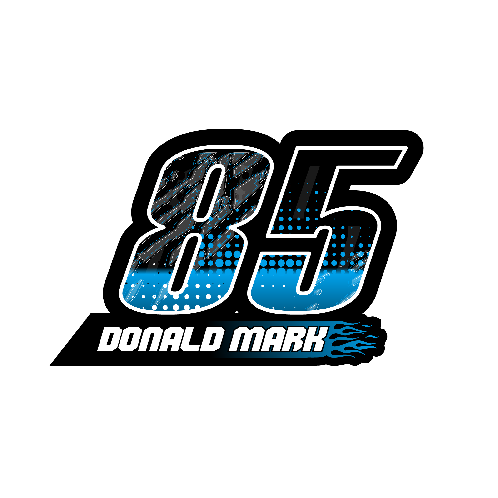 Set of three custom racing number decals with flame style design and personalized name from MC Motoparts, motocross and karting graphics