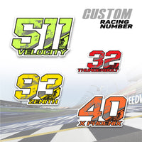 Set of three custom racing number decals with T19 multi-tone gradient style and personalized name for motocross and karting.