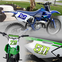 Set of three custom racing number decals with T19 multi-tone gradient style and name for motocross and karting by MC Motoparts