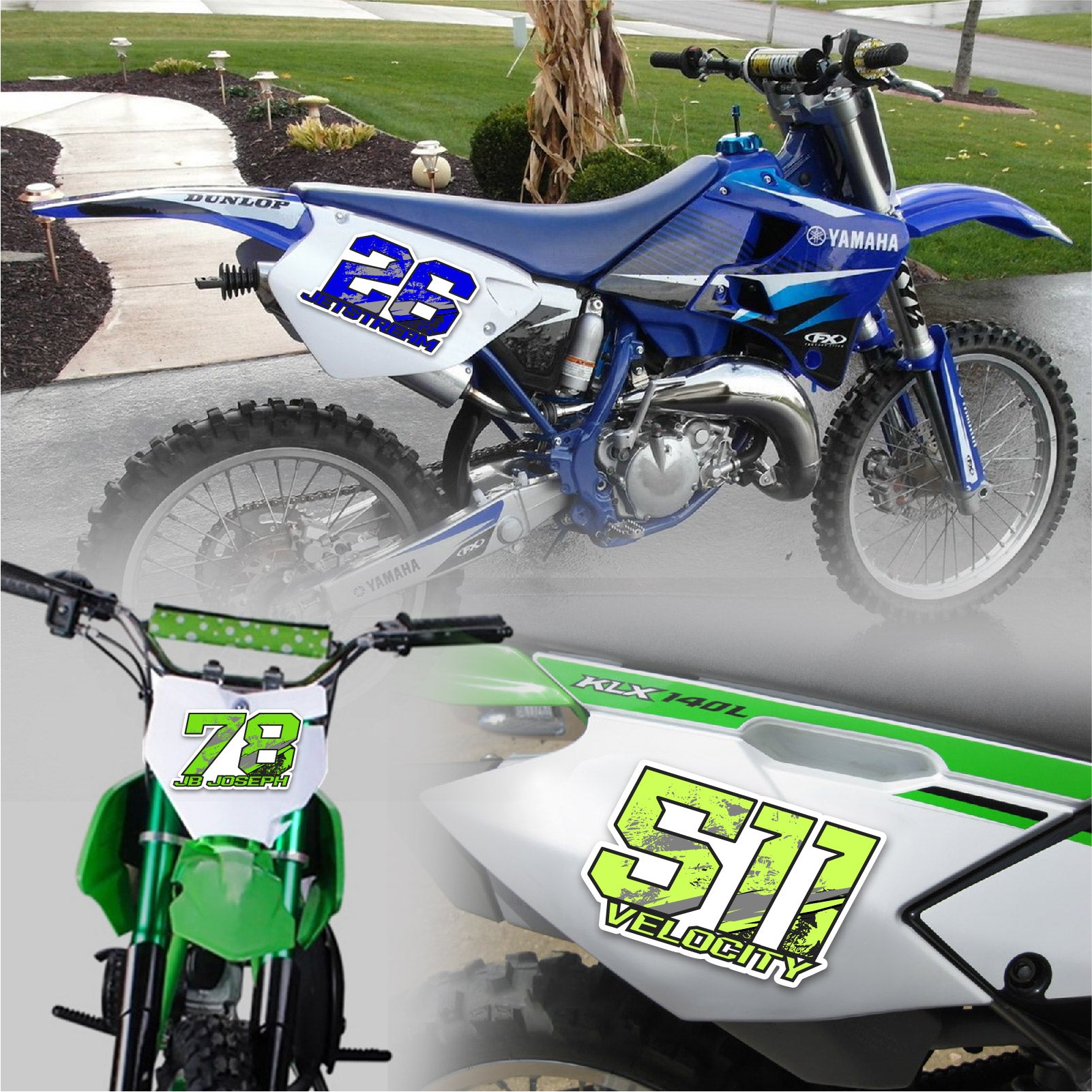 Set of three custom racing number decals with T19 multi-tone gradient style and name for motocross and karting by MC Motoparts