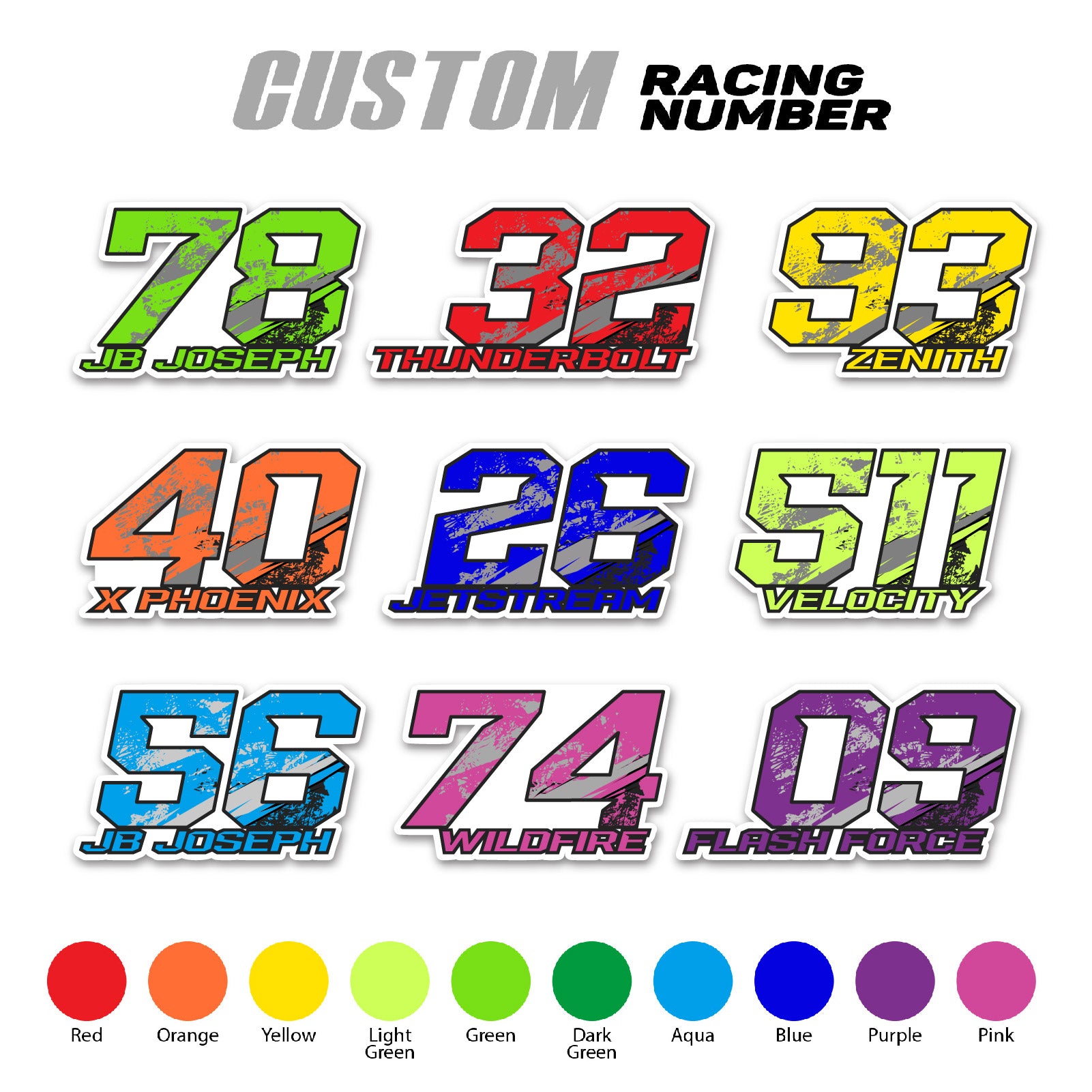 Set of three custom racing number decals with name in T19 multi-tone gradient style for motocross and karting from MC Motoparts.