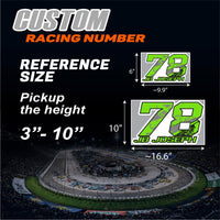 Set of three custom racing number decals with T19 gradient style and personalized name, designed for motocross and karting.