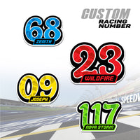 Set of three custom racing number decals with names, T20 solid color style, for motocross and karting, by MC Motoparts.