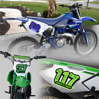 Set of three custom racing number decals with names, T20 solid color style, designed for motocross and karting by MC Motoparts.