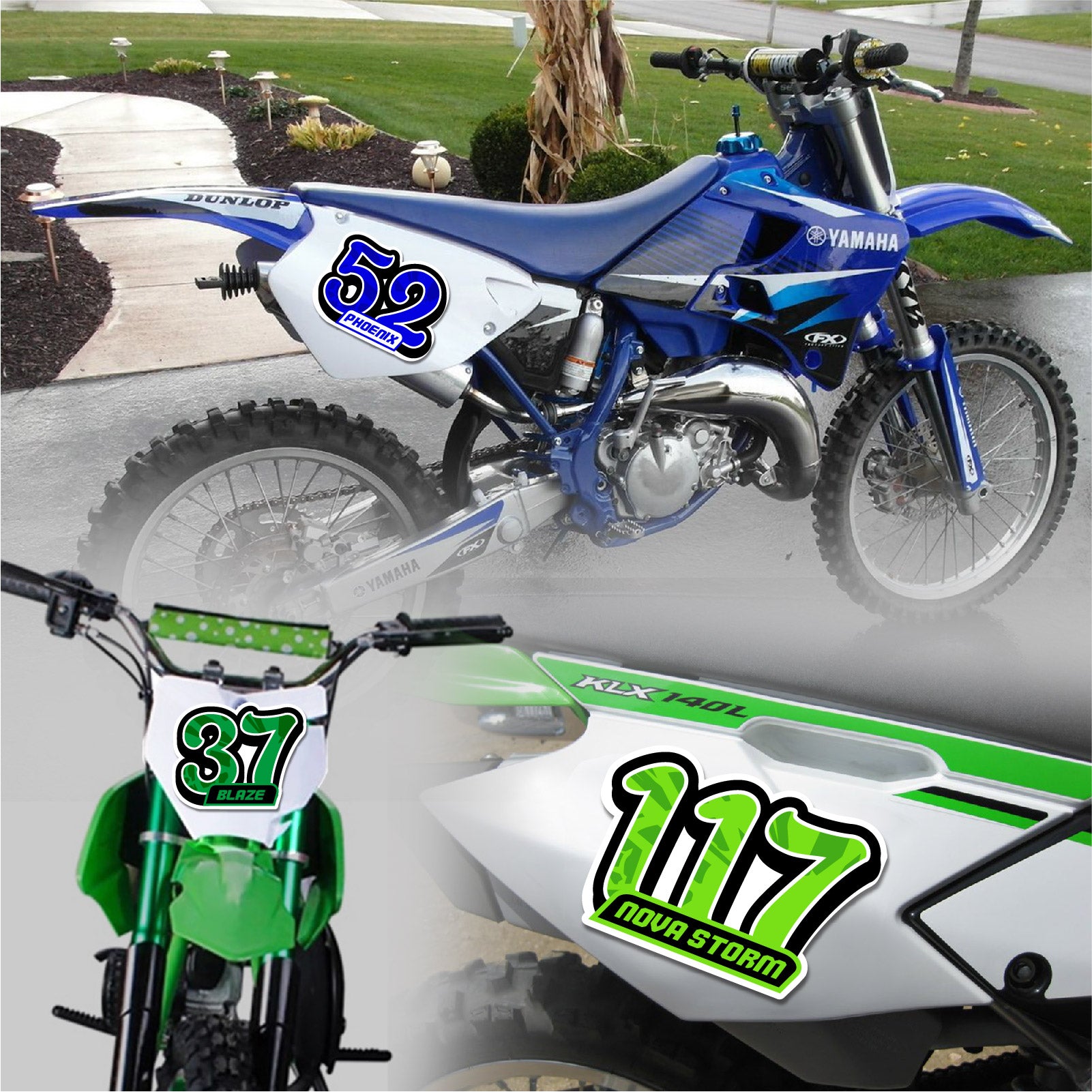 Set of three custom racing number decals with names, T20 solid color style, designed for motocross and karting by MC Motoparts.