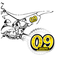 Set of three custom racing number decals with name in T20 solid color style, designed for motocross and karting by MC Motoparts.