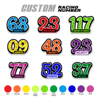 Set of three custom racing number decals with name in T20 solid color style for motocross and karting from MC Motoparts.
