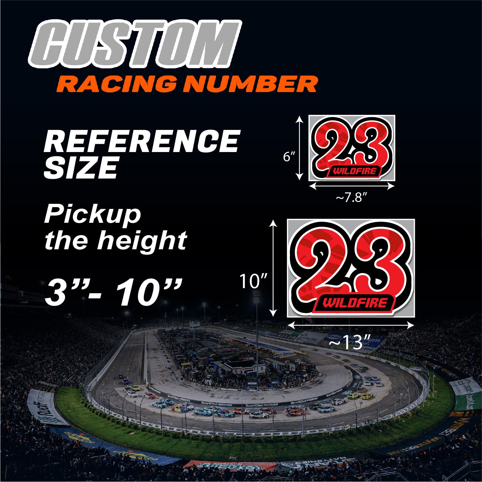 Set of 3 personalized MC Motoparts racing number decals with names, T20 solid color style for motocross and karting graphics.