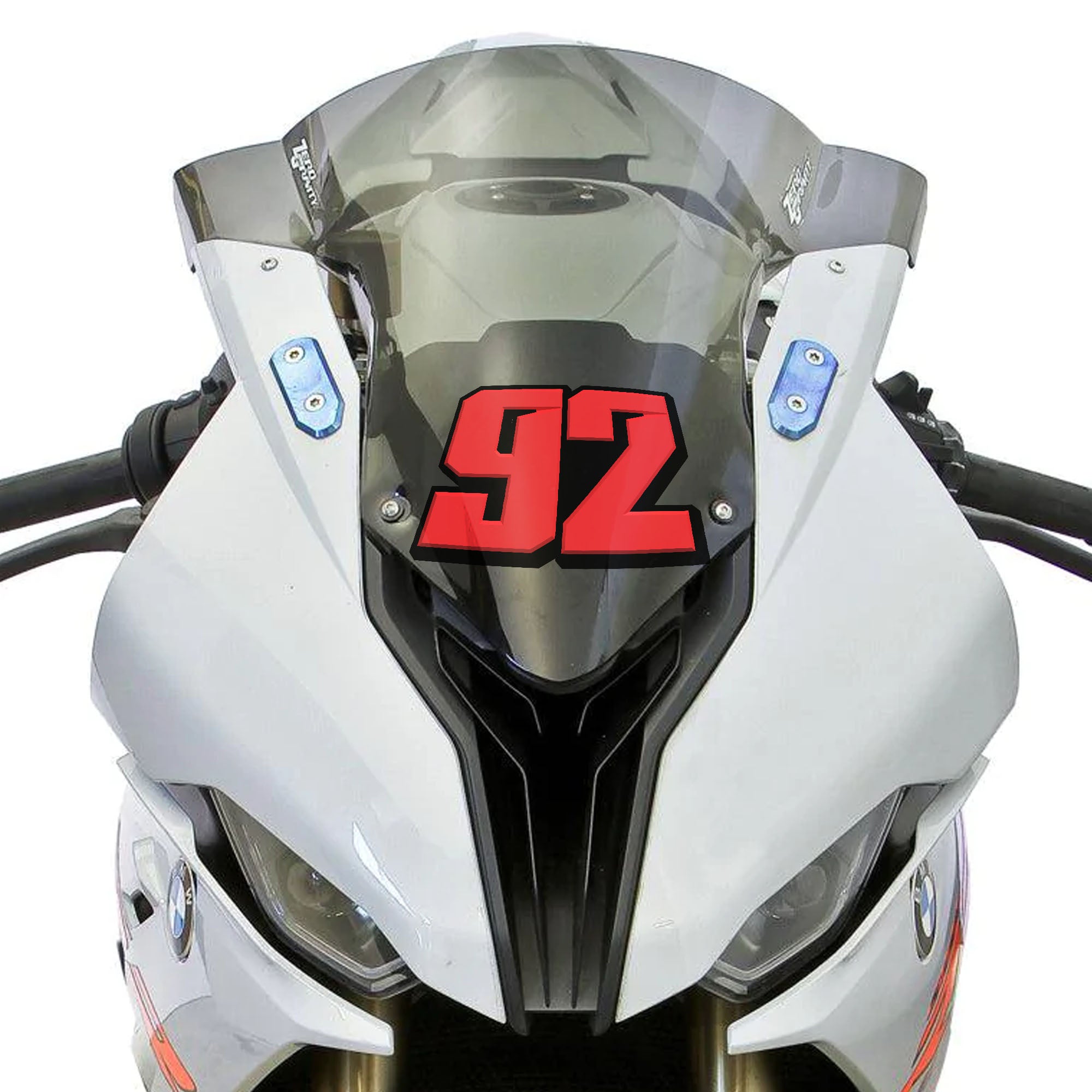 Personalized MC Motoparts racing number stickers in T21 solid color style on dirt bike or motorcycle, shown installed in the image.