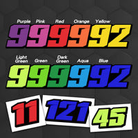 Three personalized black racing number stickers for dirt bikes and motorcycles, featuring T21 solid color style vinyl decals.