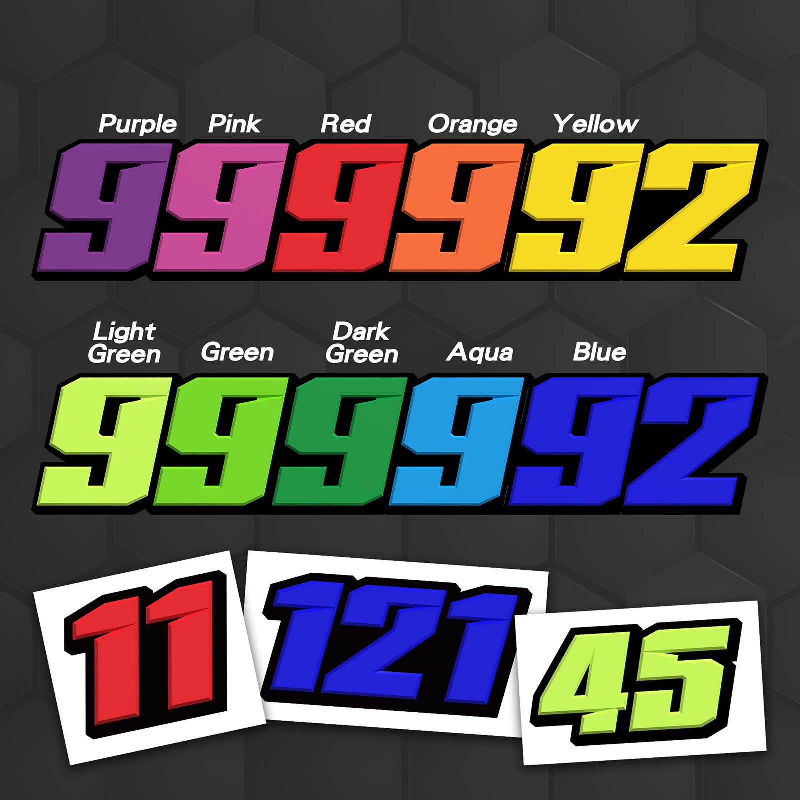 Three personalized black racing number stickers for dirt bikes and motorcycles, featuring T21 solid color style vinyl decals.