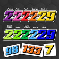 Three personalized T22 solid color racing number stickers for dirt bikes and motorcycles, featuring bold vinyl decal designs.