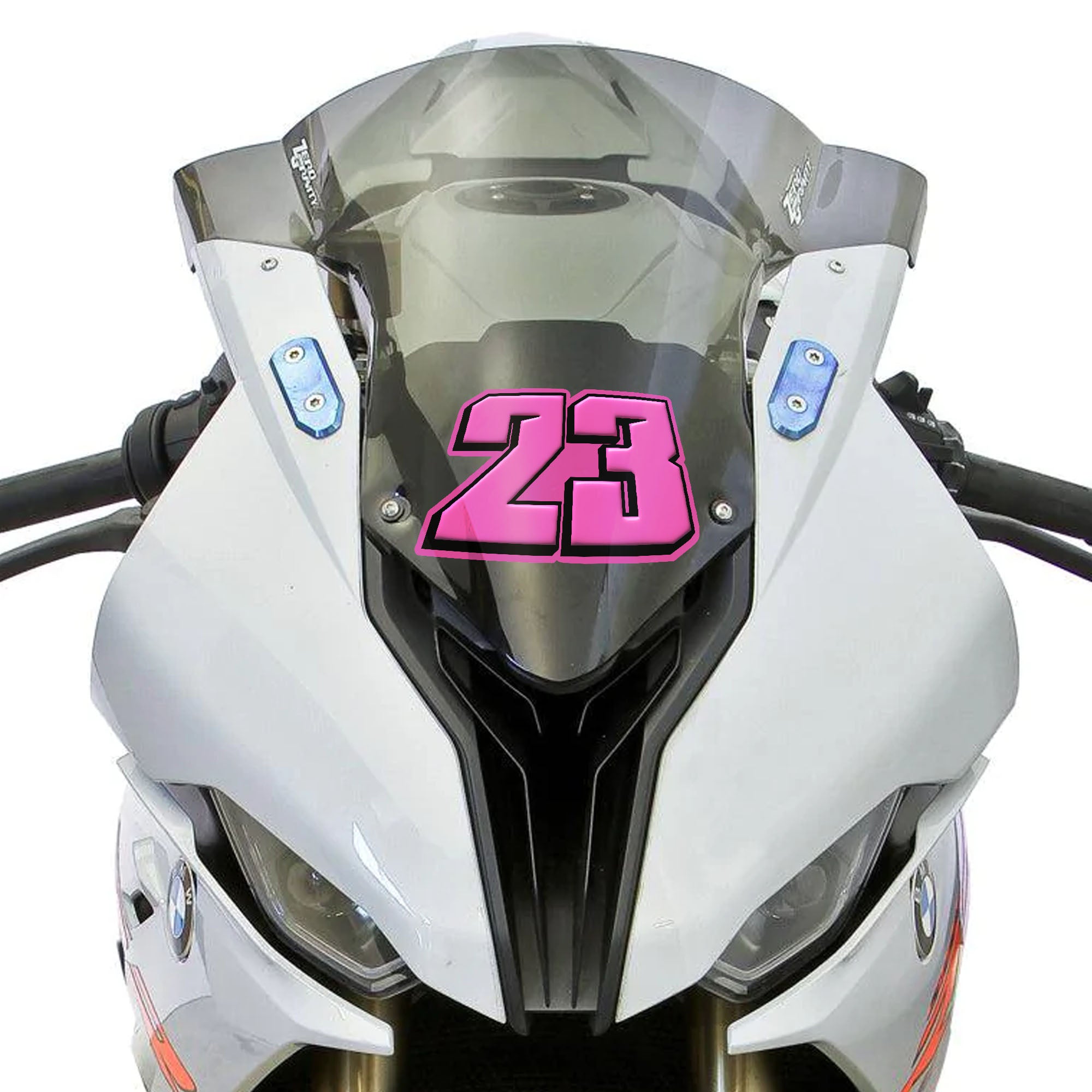 Three personalized T23 solid color racing number stickers for dirt bikes and motorcycles, shown applied to a bike.