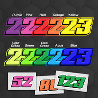 Three custom racing number stickers in T23 solid color style for dirt bikes and motorcycles, featuring bold numerals and MC Motoparts branding