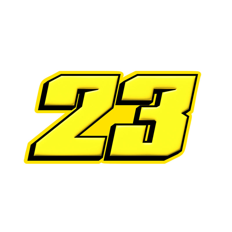 Three personalized T23 solid color racing number stickers for dirt bikes and motorcycles by MC Motoparts, featuring bold vinyl decals.