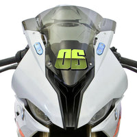 Custom T24 split-fade racing number sticker set for dirt bikes and motorcycles, shown installed on a bike.