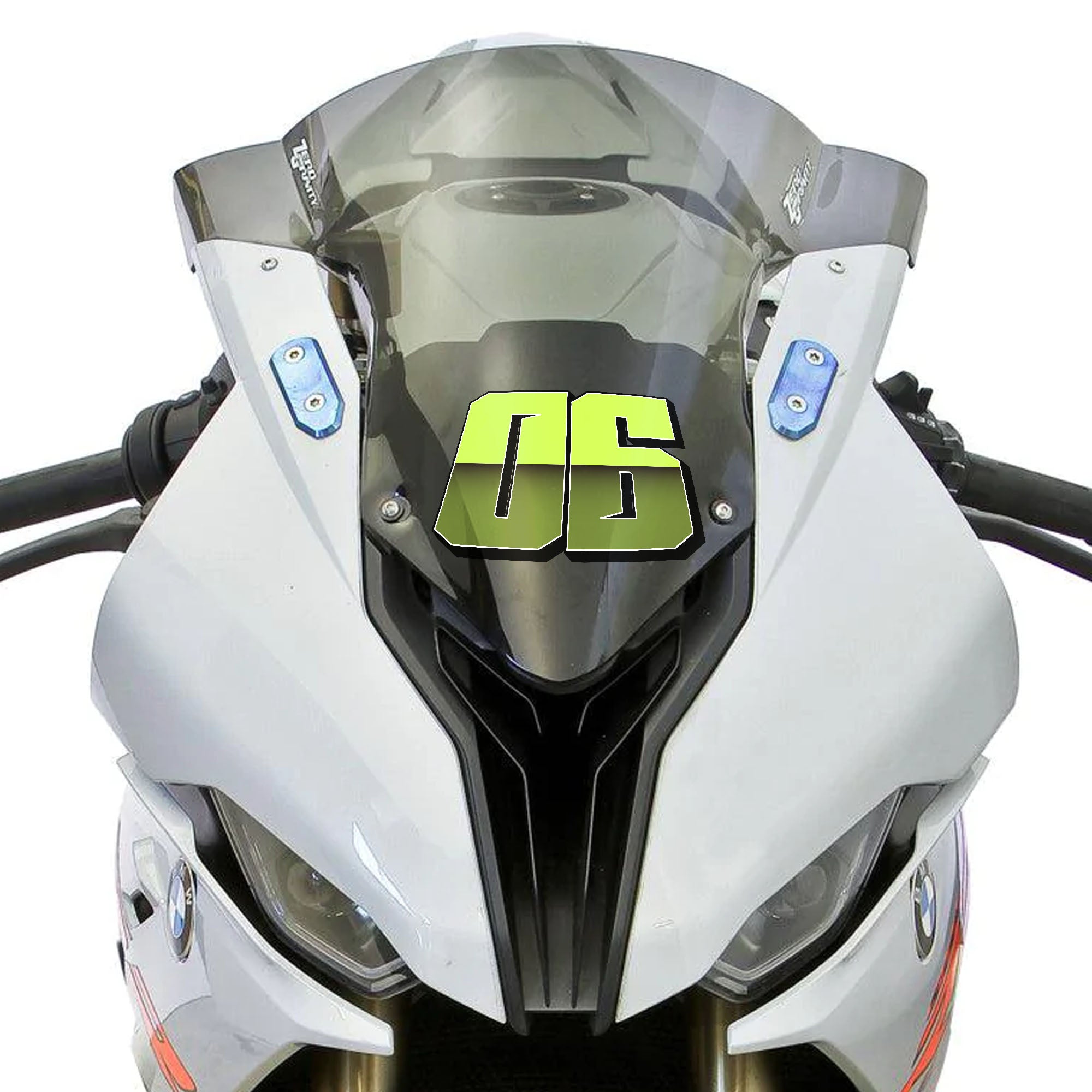 Custom T24 split-fade racing number sticker set for dirt bikes and motorcycles, shown installed on a bike.