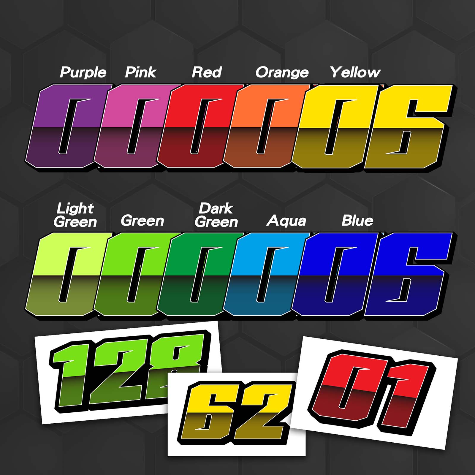 Three custom racing number stickers from MC Motoparts in T24 split-fade gradient style for dirt bikes and motorcycles.