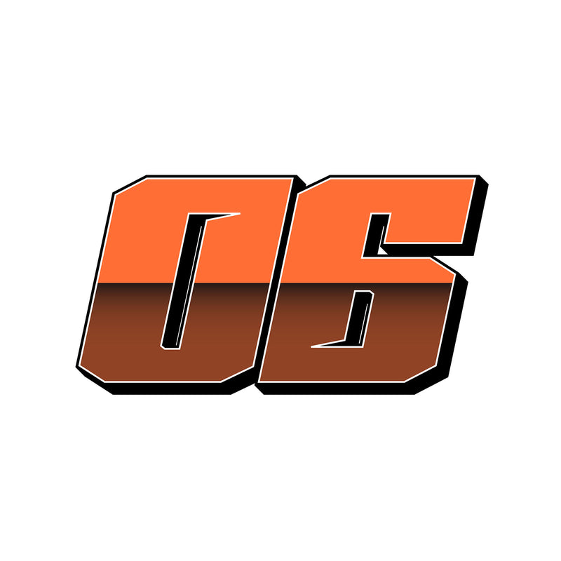 Custom racing number stickers in T24 split-fade gradient for dirt bikes and motorcycles, three personalized vinyl decals by MC Motoparts.