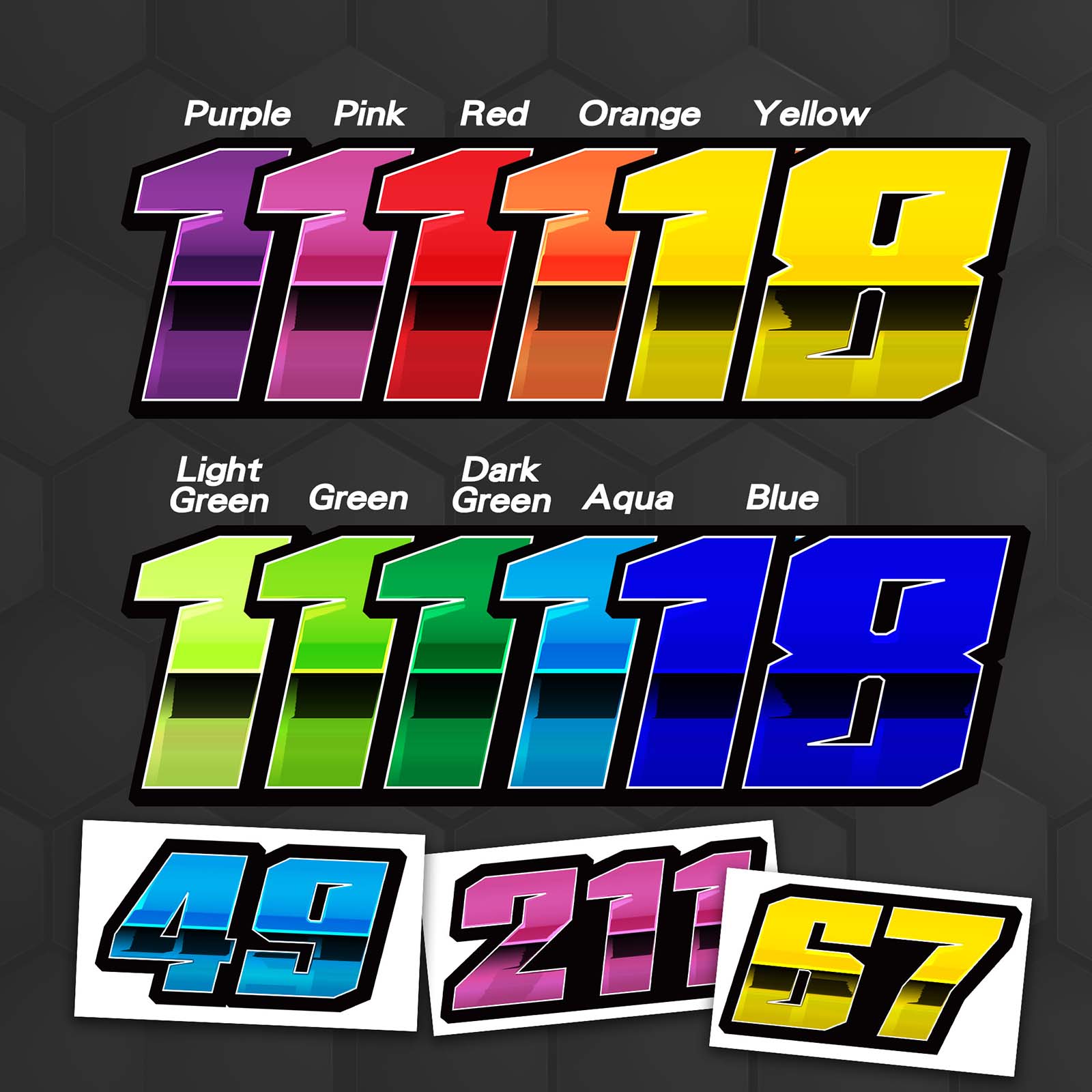 Set of three custom racing number stickers from MC Motoparts in T25 gradient color style for dirt bikes and motorcycles.