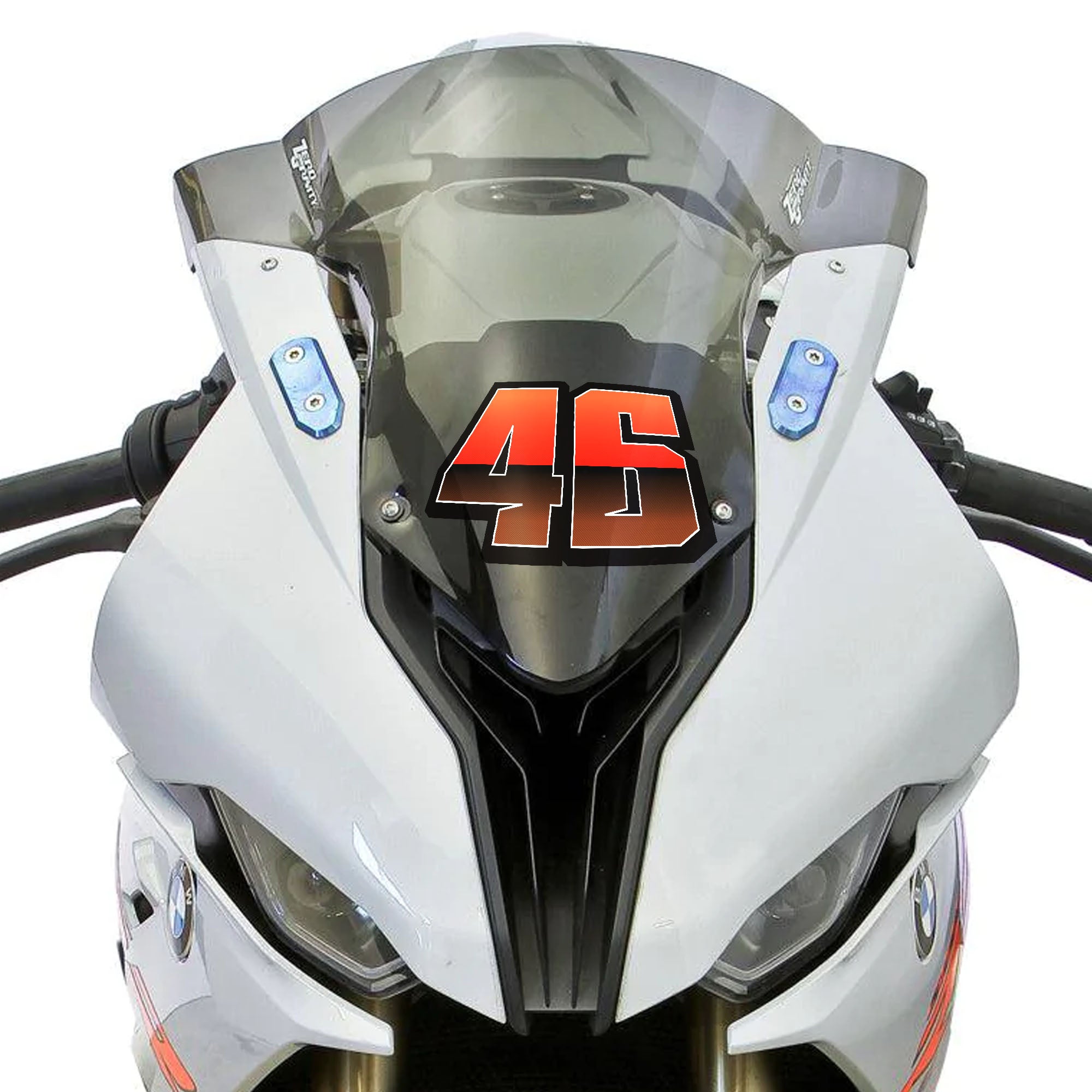 Custom racing number stickers by MC Motoparts, T26 split-fade gradient vinyl decals, installed on dirt bike or motorcycle.