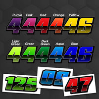 Three custom racing number stickers with T26 split-fade gradient colors for dirt bikes and motorcycles, personalized vinyl decals.