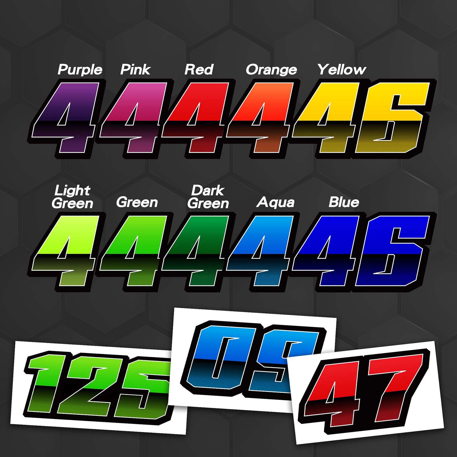 Three custom racing number stickers with T26 split-fade gradient colors for dirt bikes and motorcycles, personalized vinyl decals.