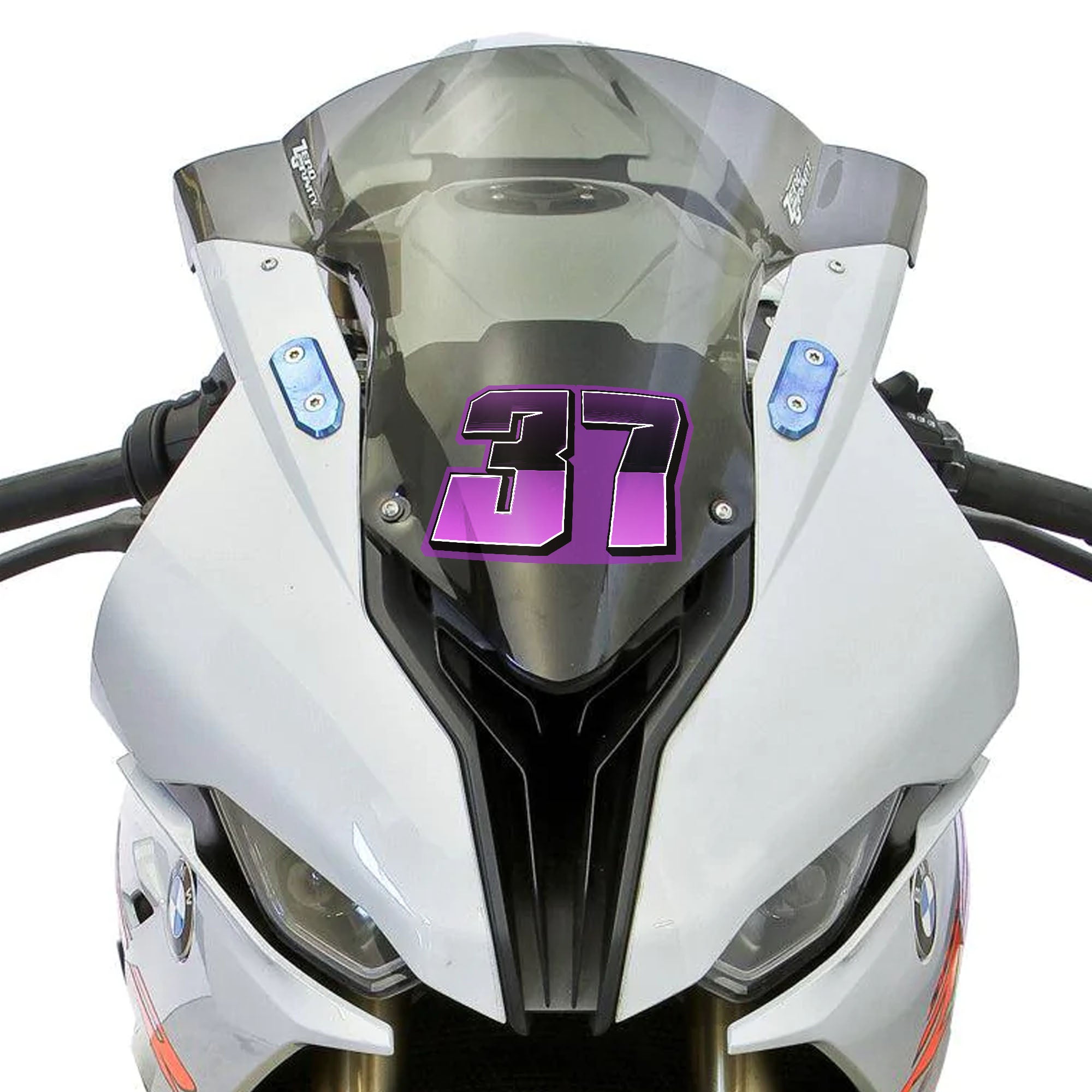 Custom racing number stickers in T27 split-fade gradient style for dirt bikes and motorcycles, shown installed on a vehicle.