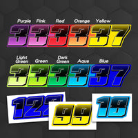 Set of three custom racing number stickers by MC Motoparts featuring T27 split-fade gradient colors for dirt bikes and motorcycles