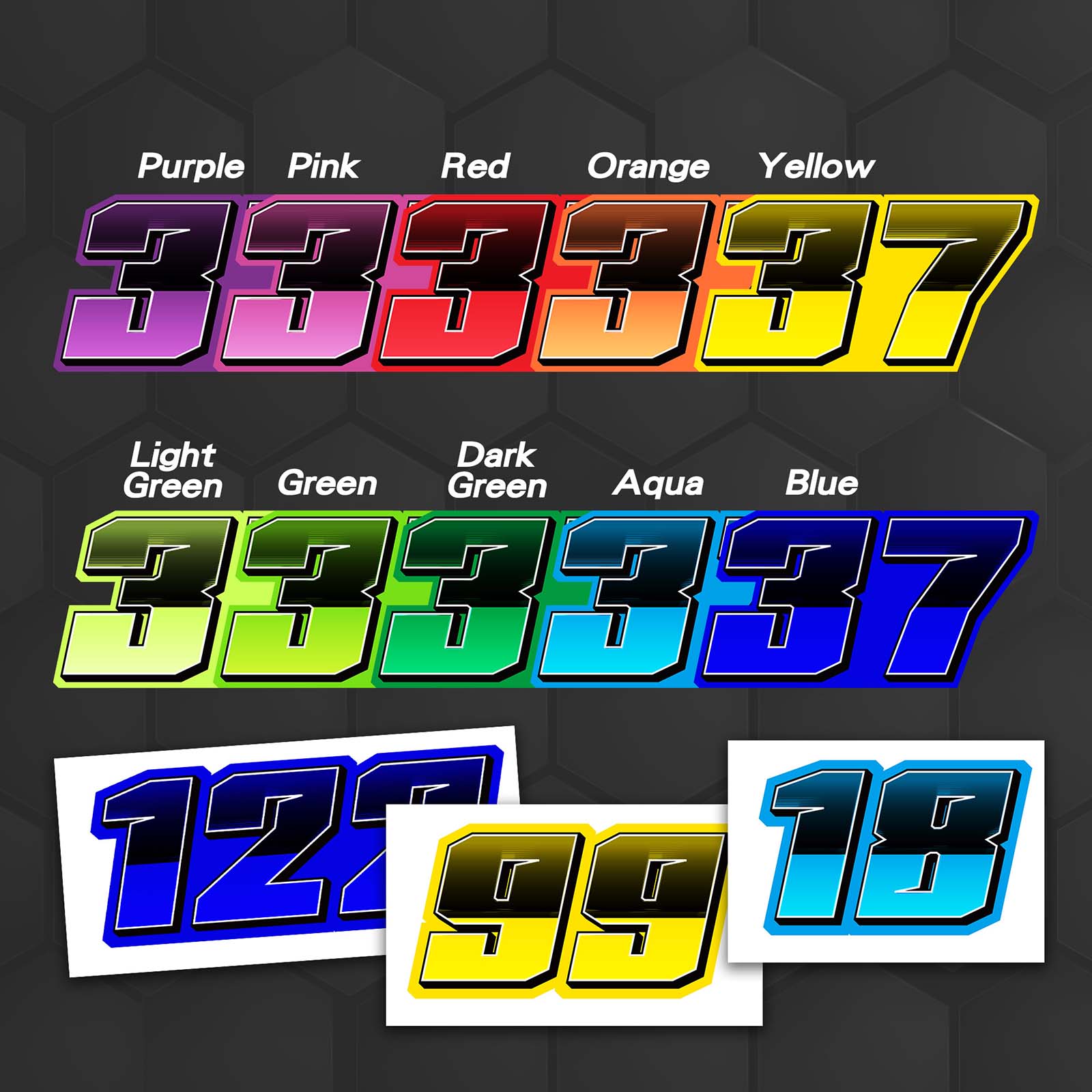 Set of three custom racing number stickers by MC Motoparts featuring T27 split-fade gradient colors for dirt bikes and motorcycles