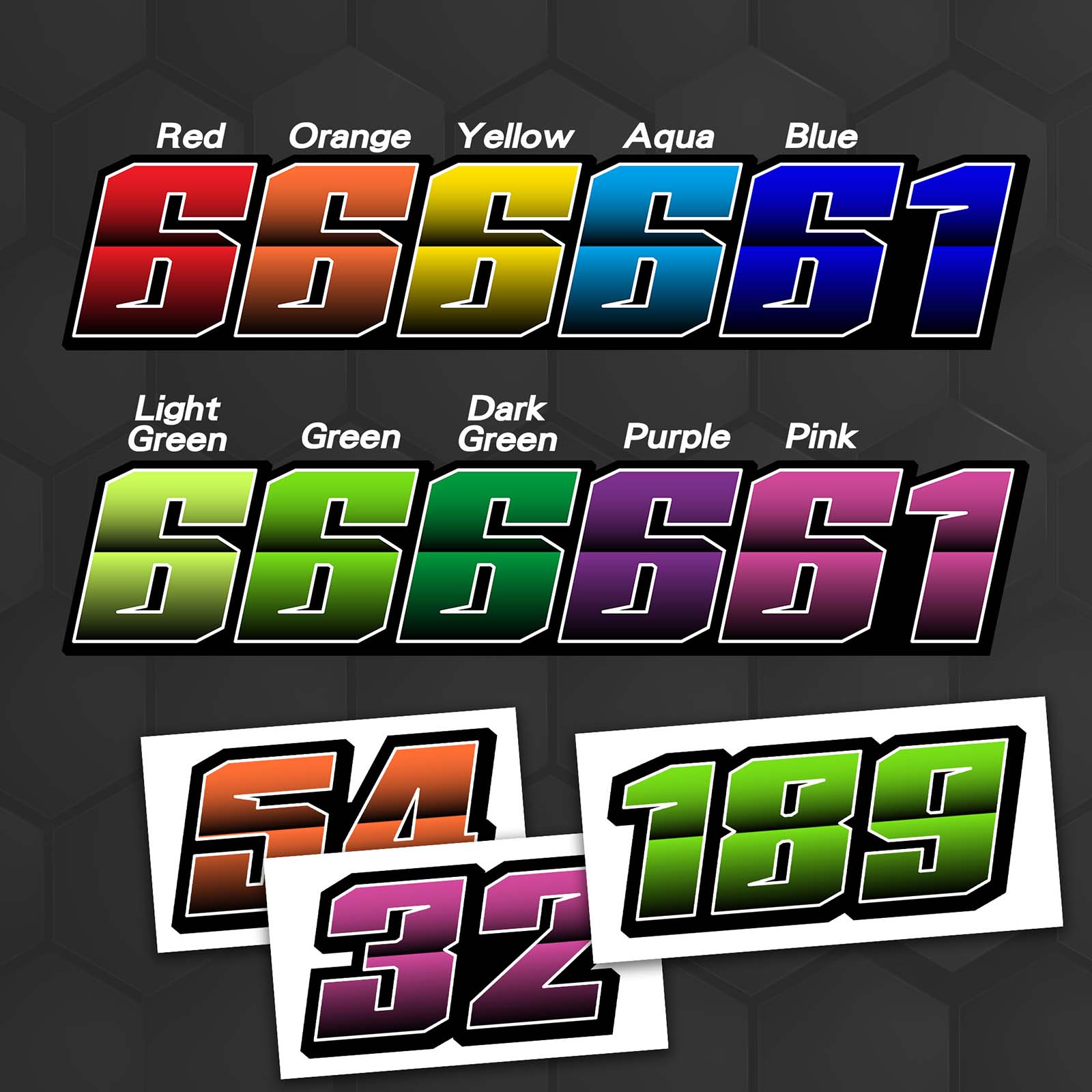 Set of three custom racing number stickers with T28 gradient color style for dirt bikes and motorcycles by MC Motoparts.