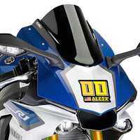 Black racing number sticker with name and flag for dirt bikes and motocross, styled as a personalized vinyl decal by MC Motoparts