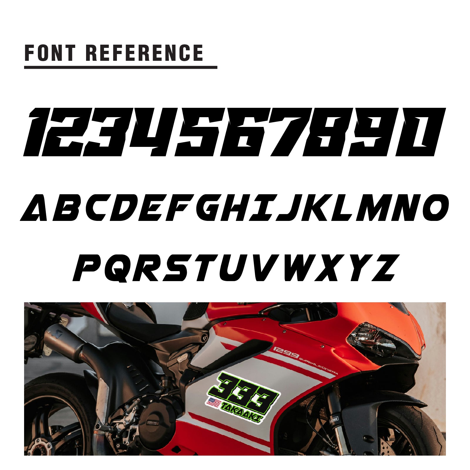 Custom racing number stickers with name and flag, MC Motoparts vinyl decals for dirt bikes, motocross, and motorcycles.