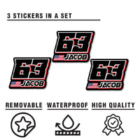 Three custom racing number stickers with name and flag for dirt bikes, motocross, and motorcycles by MC Motoparts.