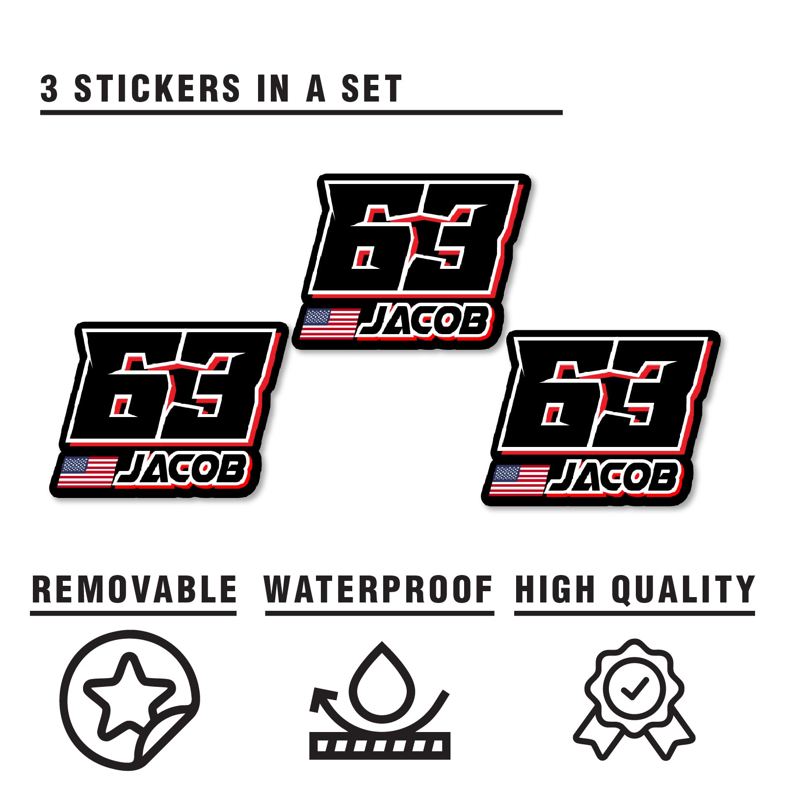 Three custom racing number stickers with name and flag for dirt bikes, motocross, and motorcycles by MC Motoparts.
