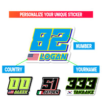 Custom racing number stickers with name and flag, MC Motoparts vinyl decals, suitable for dirt bikes, motocross, and motorcycles.