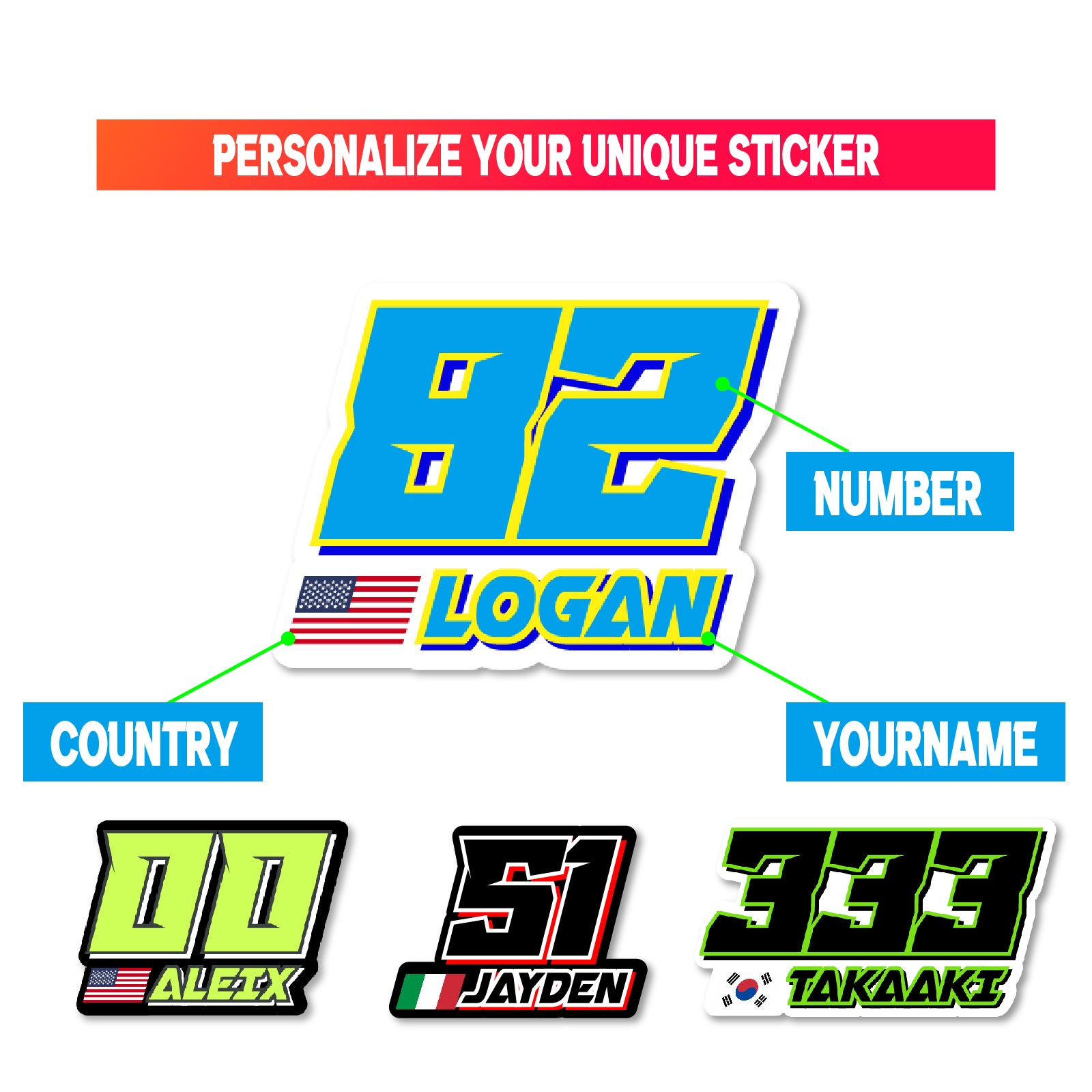 Custom racing number stickers with name and flag, MC Motoparts vinyl decals, suitable for dirt bikes, motocross, and motorcycles.