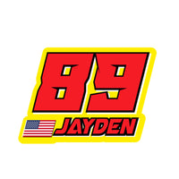 Custom racing number stickers with name and flag for dirt bikes, motocross, and motorcycles, in solid color vinyl decals.