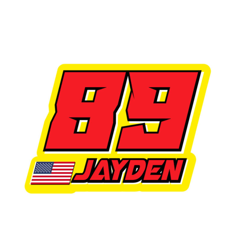 Custom racing number stickers with name and flag for dirt bikes, motocross, and motorcycles, in solid color vinyl decals.