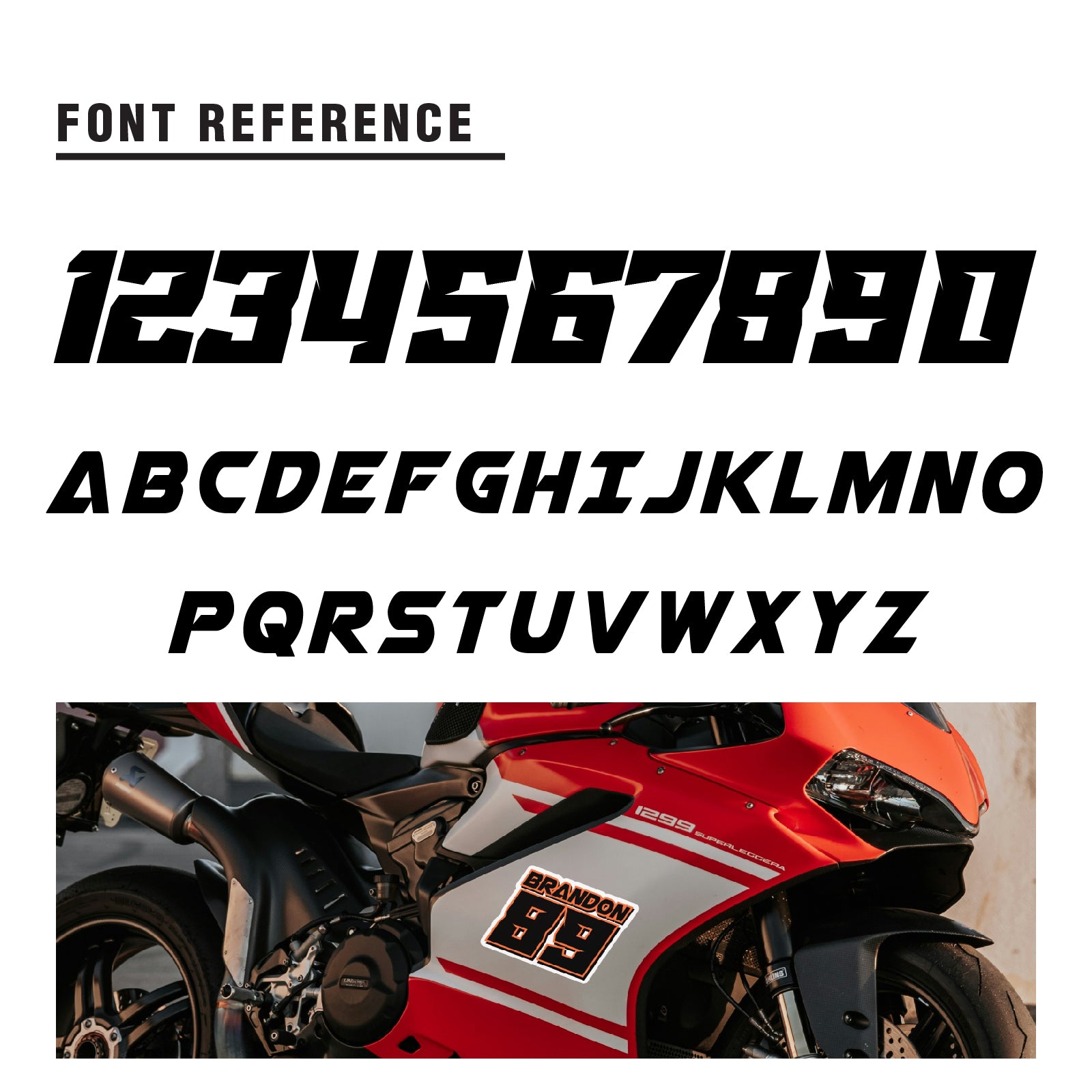 Three MC Motoparts custom racing number stickers with names, featuring solid color vinyl decals for dirt bikes, motocross, and motorcycles.