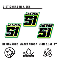 Three custom MC Motoparts racing number stickers with names, solid color vinyl decals for dirt bikes, motocross, and motorcycles.