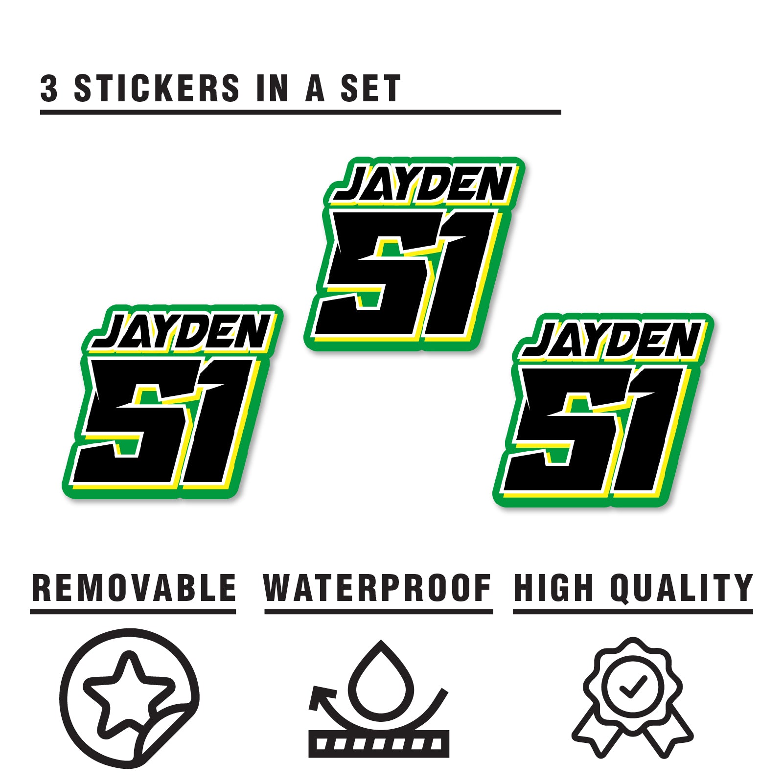 Three custom MC Motoparts racing number stickers with names, solid color vinyl decals for dirt bikes, motocross, and motorcycles.