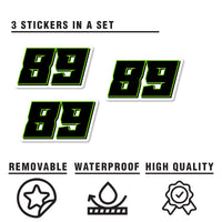 Three solid color racing number stickers for dirt bikes, motocross, and motorcycles by MC Motoparts, shown in detailed close-up.
