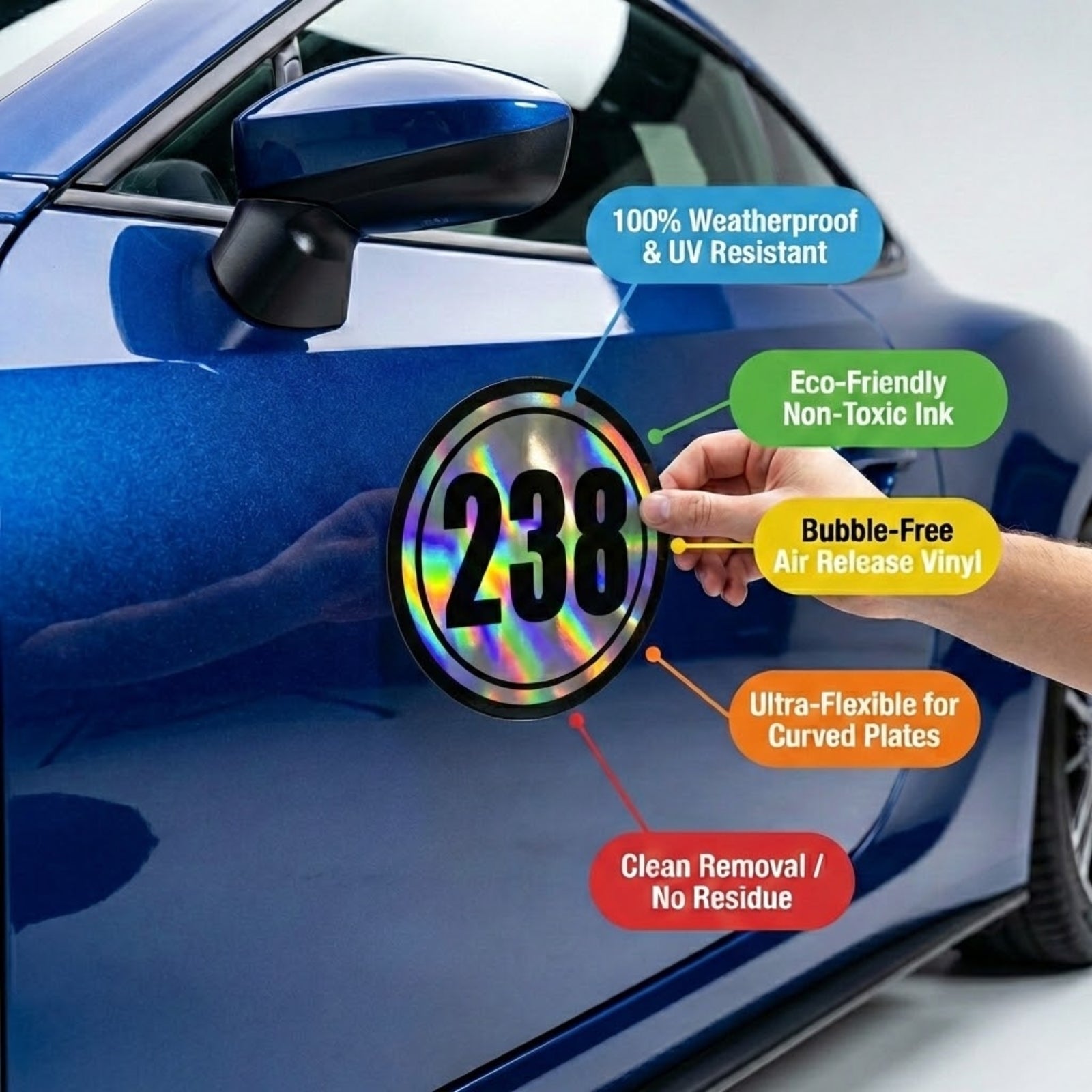 Custom Holographic Racing Number Stickers for Cars (Set of 2) - RCC003