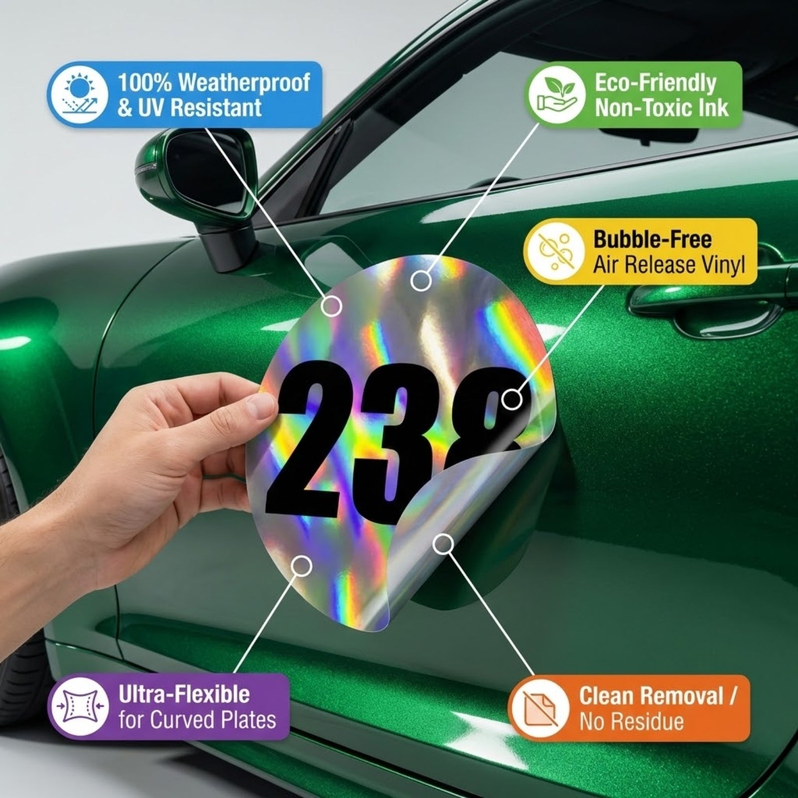 Custom Holographic Racing Number Stickers for Cars (Set of 2) - RCC006
