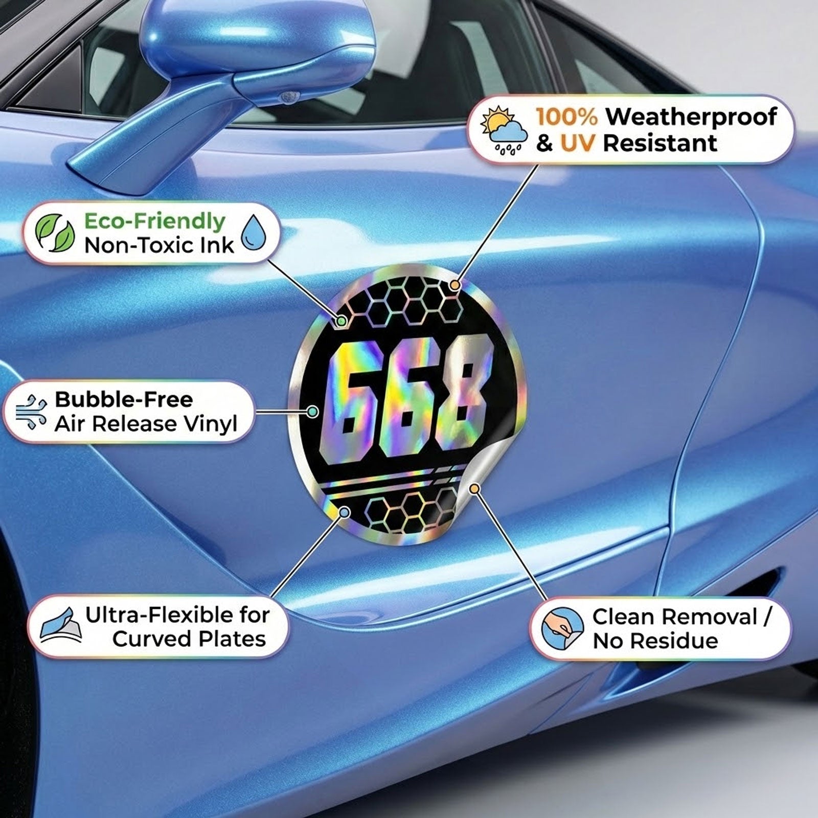 Custom Holographic Racing Number Stickers for Cars (Set of 2) - RCC010