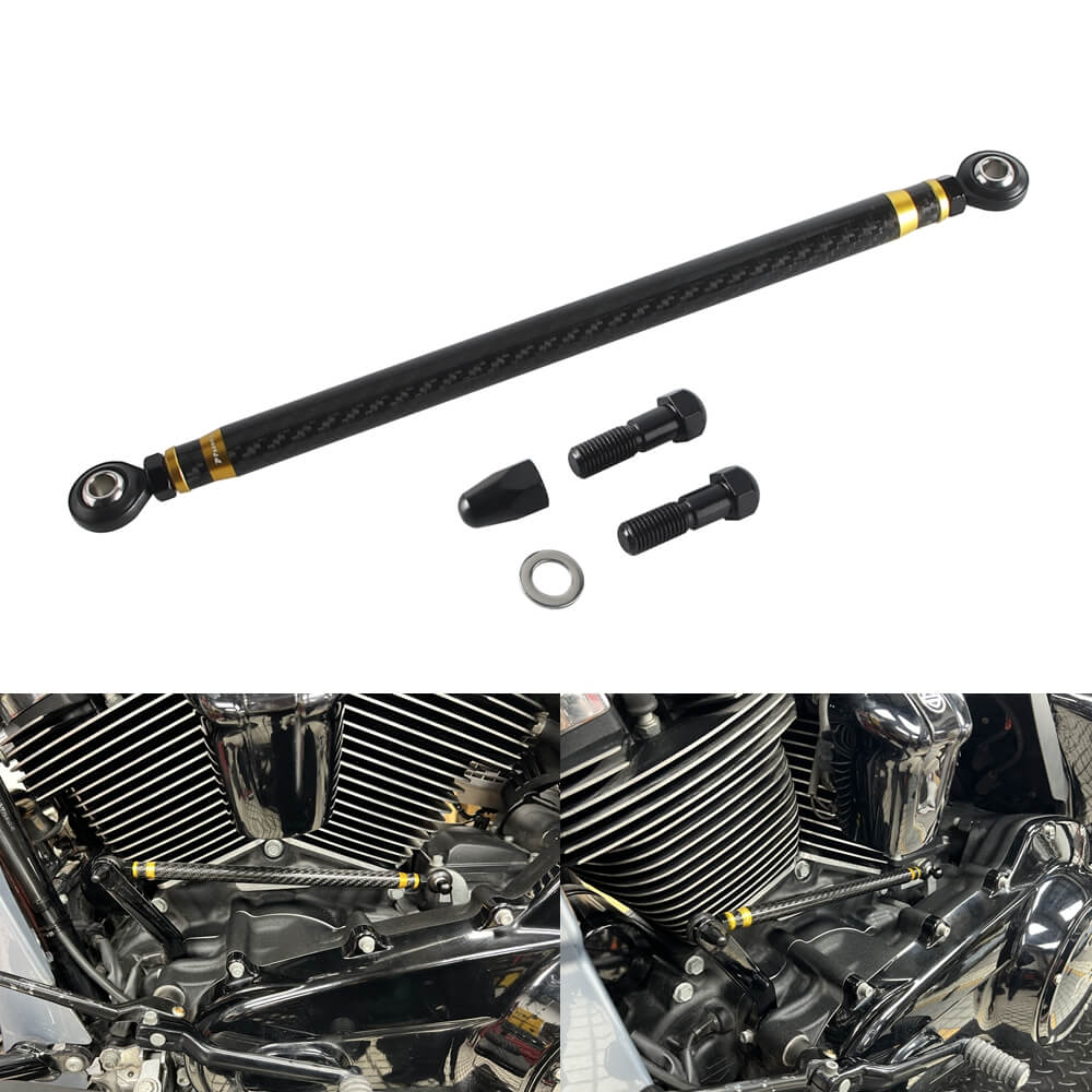 Carbon fiber adjustable Harley touring shifter linkage by Pazoma, CNC billet aluminum, designed for Street Glide, Road Glide, Softail 1986-2026.