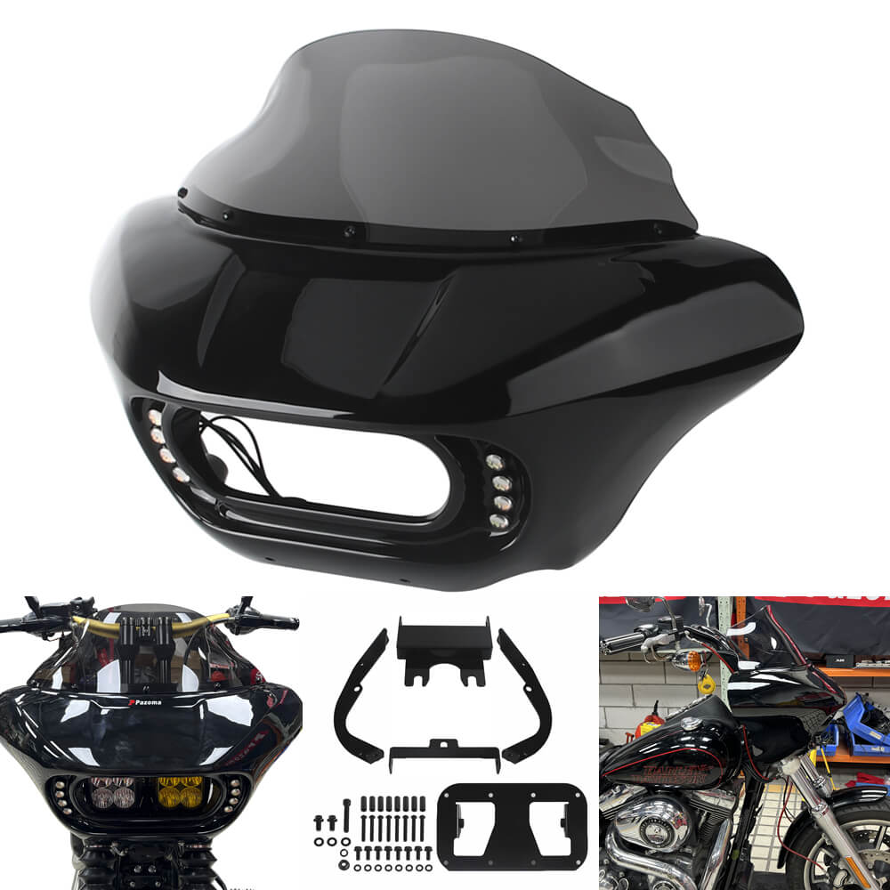 Harley Dyna Low Rider Street Bob Fat Bob FXR Front Headlight Shark Fairing w/Baja Designs Dual LP4 Lighting Bracket Mount - pazoma