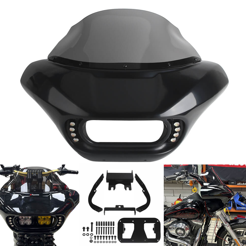 Harley Dyna Low Rider Street Bob Fat Bob FXR Front Headlight Shark Fairing w/Baja Designs Dual LP4 Lighting Bracket Mount - pazoma