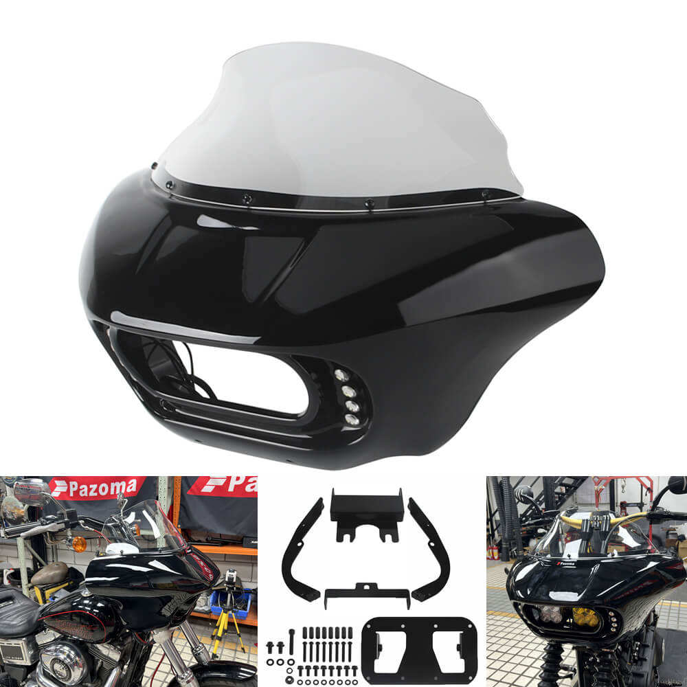 Harley Dyna Low Rider Street Bob Fat Bob FXR Front Headlight Shark Fairing w/Baja Designs Dual LP4 Lighting Bracket Mount - pazoma